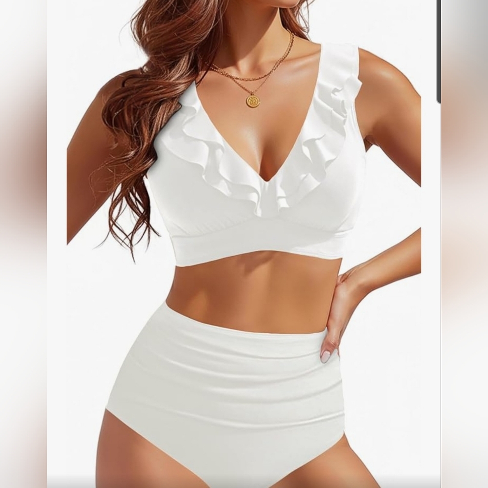 Tempt Me White Ruffled High Waisted Bikini Set Size Small